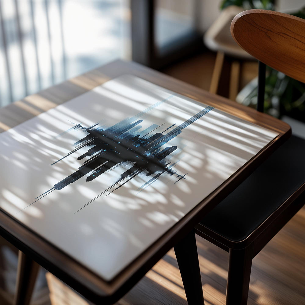 Abstract art piece with black and blue brush strokes on a white background, as a premium aluminum metal print from GoMetalPrint.
