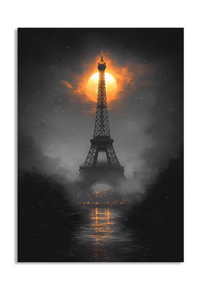 Eiffel Tower with a dramatic sunset in the background, as a premium aluminum metal print from GoMetalPrint.
