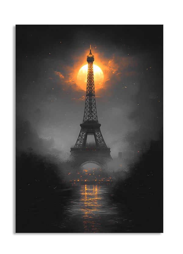 Eiffel Tower with a dramatic sunset in the background, as a premium aluminum metal print from GoMetalPrint.
