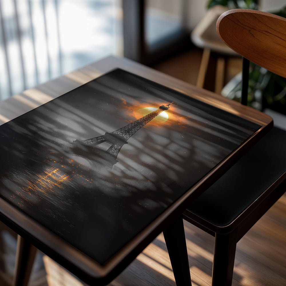 Eiffel Tower with a dramatic sunset in the background, as a premium aluminum metal print from GoMetalPrint.
