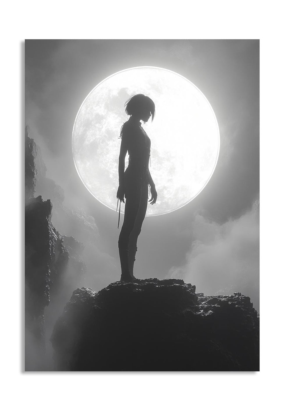 Silhouette of a person standing on a rock with a large moon in the background, as a premium aluminum metal print from GoMetalPrint.
