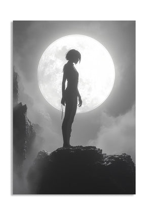 Silhouette of a person standing on a rock with a large moon in the background, as a premium aluminum metal print from GoMetalPrint.
