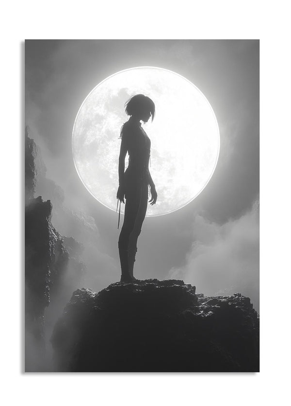 Silhouette of a person standing on a rock with a large moon in the background, as a premium aluminum metal print from GoMetalPrint.
