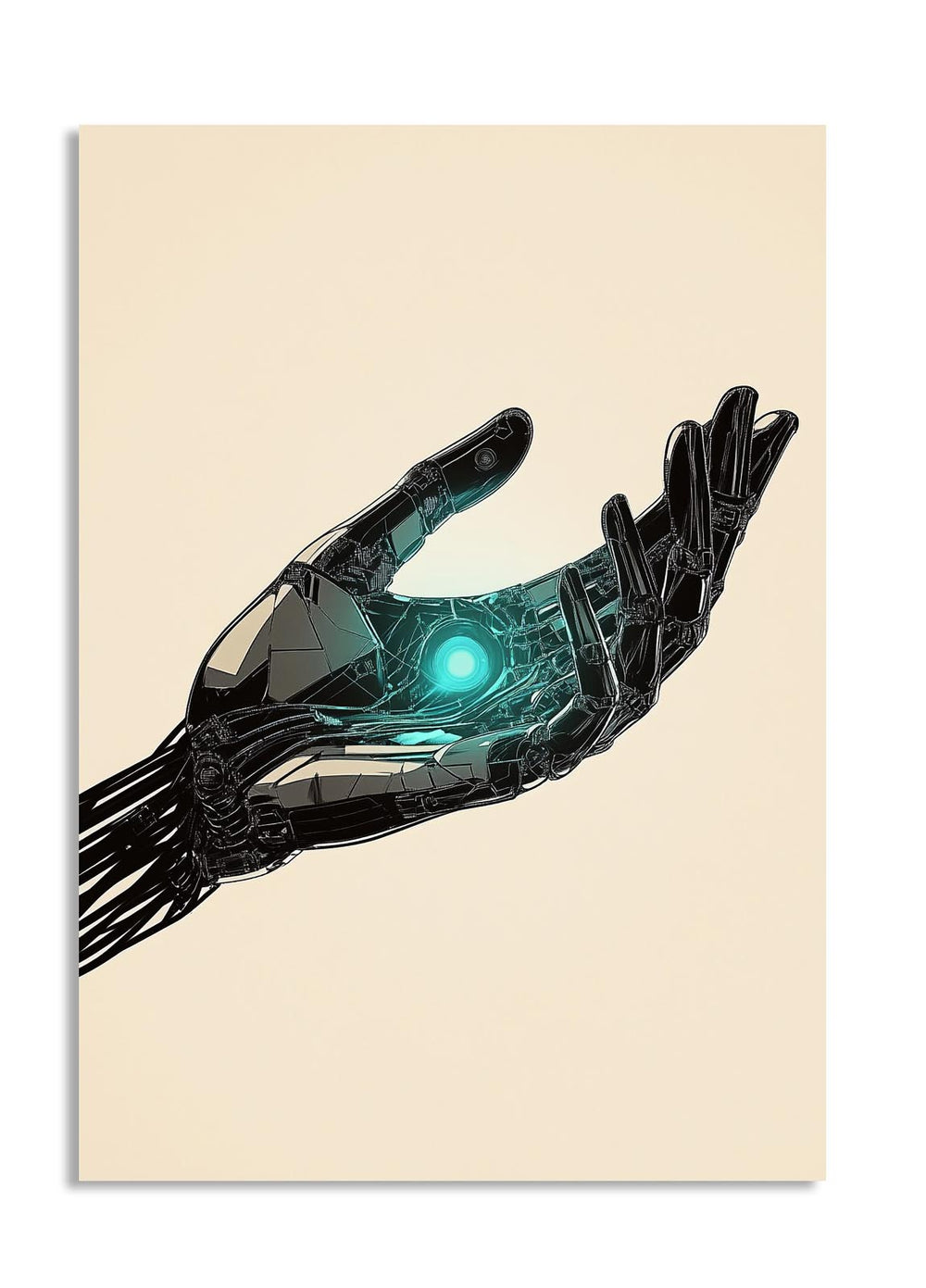 Artistic depiction of a robot hand holding a glowing blue sphere on a beige background, as a premium aluminum metal print from GoMetalPrint.
