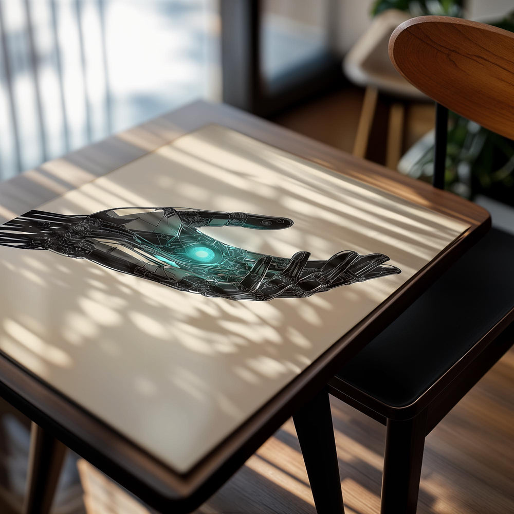 Artistic depiction of a robot hand holding a glowing blue sphere on a beige background, as a premium aluminum metal print from GoMetalPrint.
