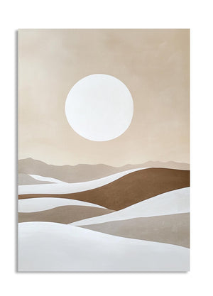 Abstract landscape with a large white circle on a beige background, as a premium aluminum metal print from GoMetalPrint.
