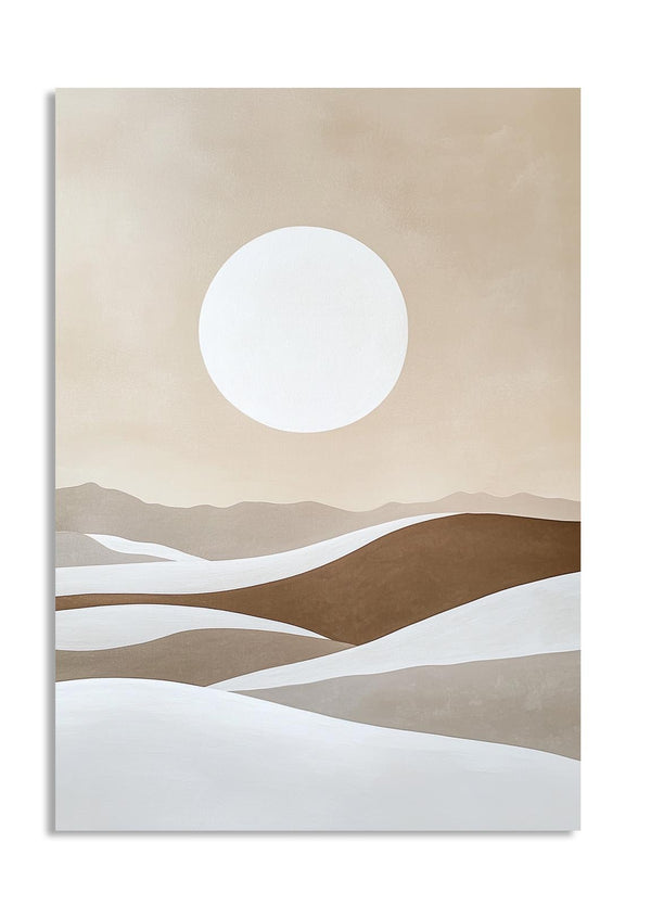 Abstract landscape with a large white circle on a beige background, as a premium aluminum metal print from GoMetalPrint.
