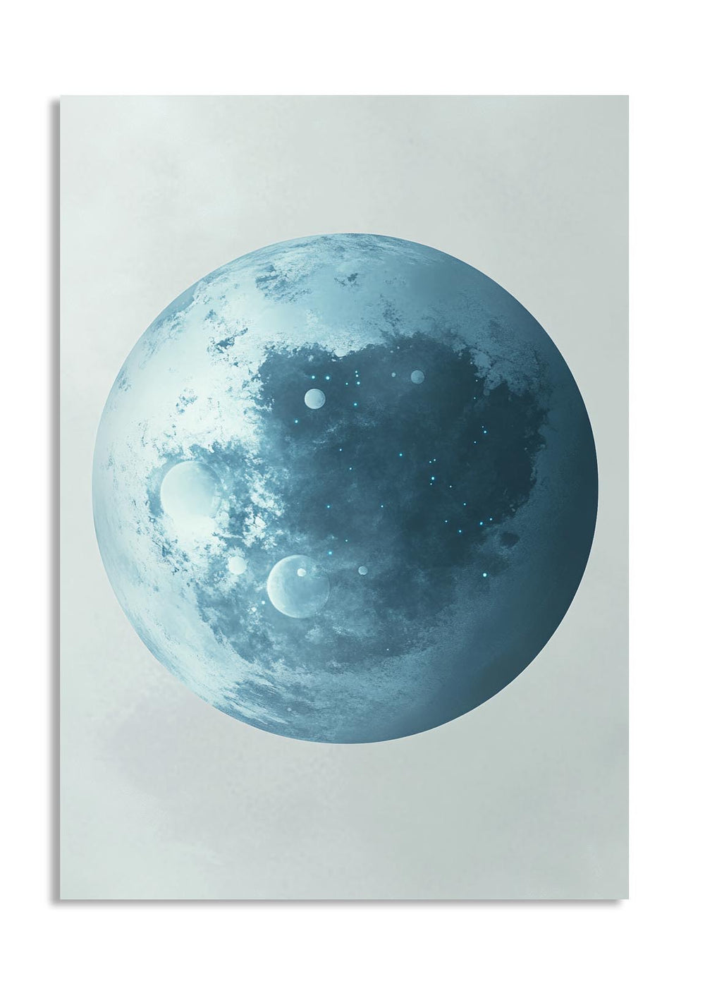 Blue planet illustration on a light gray background, as a premium aluminum metal print from GoMetalPrint.
