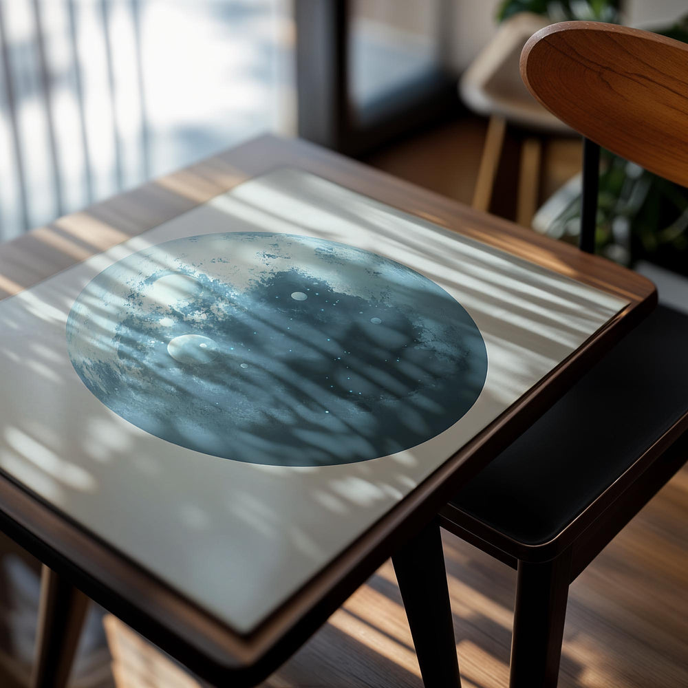 Blue planet illustration on a light gray background, as a premium aluminum metal print from GoMetalPrint.
