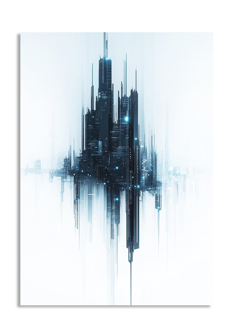 Abstract cityscape artwork with blue and black tones on a white background, as a premium aluminum metal print from GoMetalPrint.
