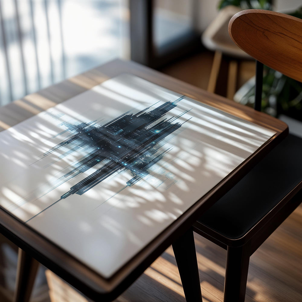 Abstract cityscape artwork with blue and black tones on a white background, as a premium aluminum metal print from GoMetalPrint.
