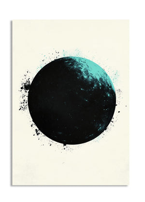 Art print of a celestial body with a blue and black color scheme on a beige background, as a premium aluminum metal print from GoMetalPrint.
