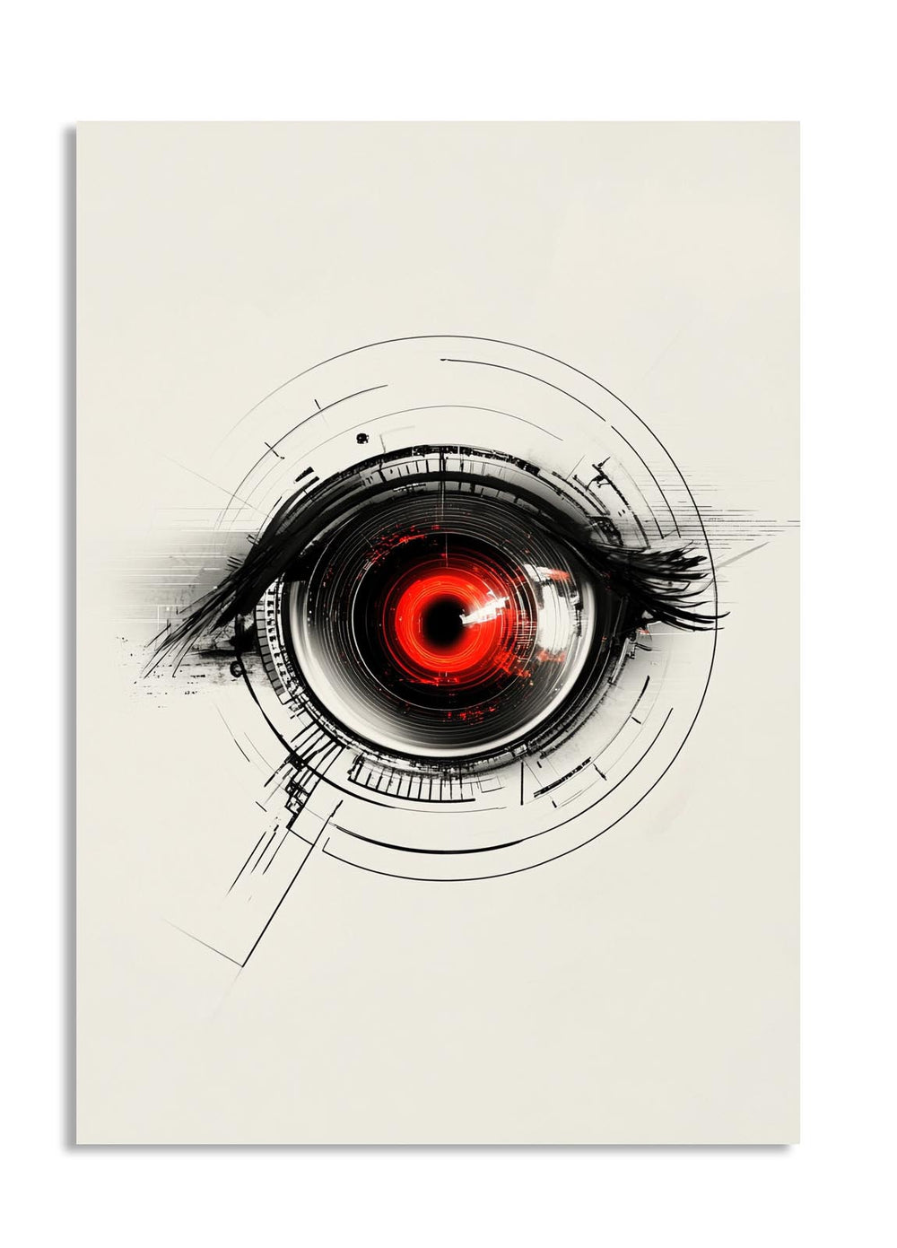 Artistic depiction of a red eye with black and white lines on a beige background, as a premium aluminum metal print from GoMetalPrint.
