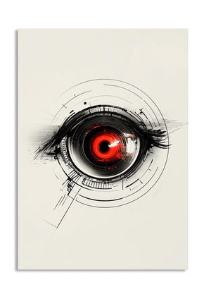 Artistic depiction of a red eye with black and white lines on a beige background, as a premium aluminum metal print from GoMetalPrint.
