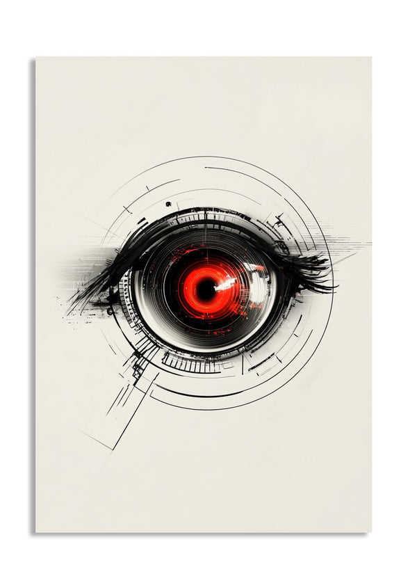 Artistic depiction of a red eye with black and white lines on a beige background, as a premium aluminum metal print from GoMetalPrint.
