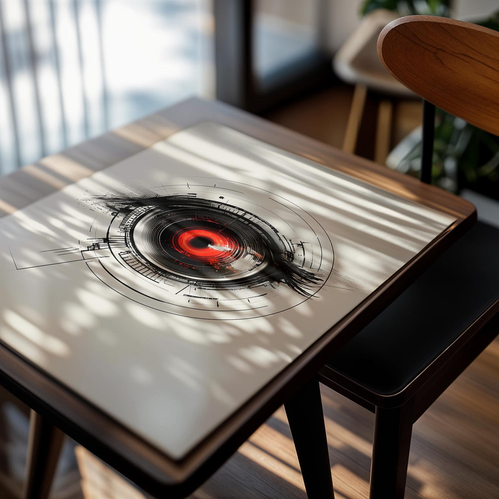 Artistic depiction of a red eye with black and white lines on a beige background, as a premium aluminum metal print from GoMetalPrint.
