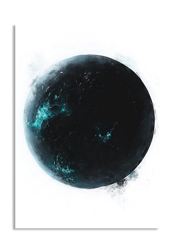 Black and blue abstract planet-like shape on a white background, as a premium aluminum metal print from GoMetalPrint.
