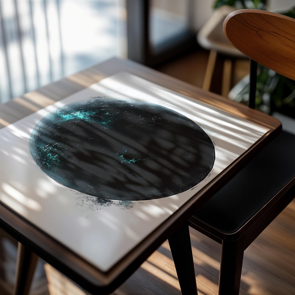 Black and blue abstract planet-like shape on a white background, as a premium aluminum metal print from GoMetalPrint.
