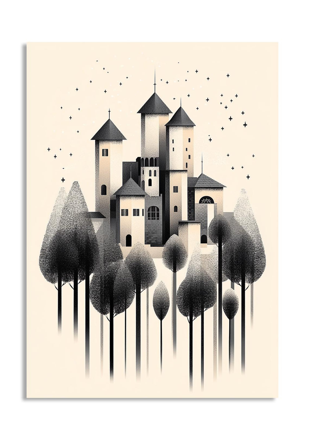 Artistic depiction of a castle surrounded by trees on a beige background, as a premium aluminum metal print from GoMetalPrint.
