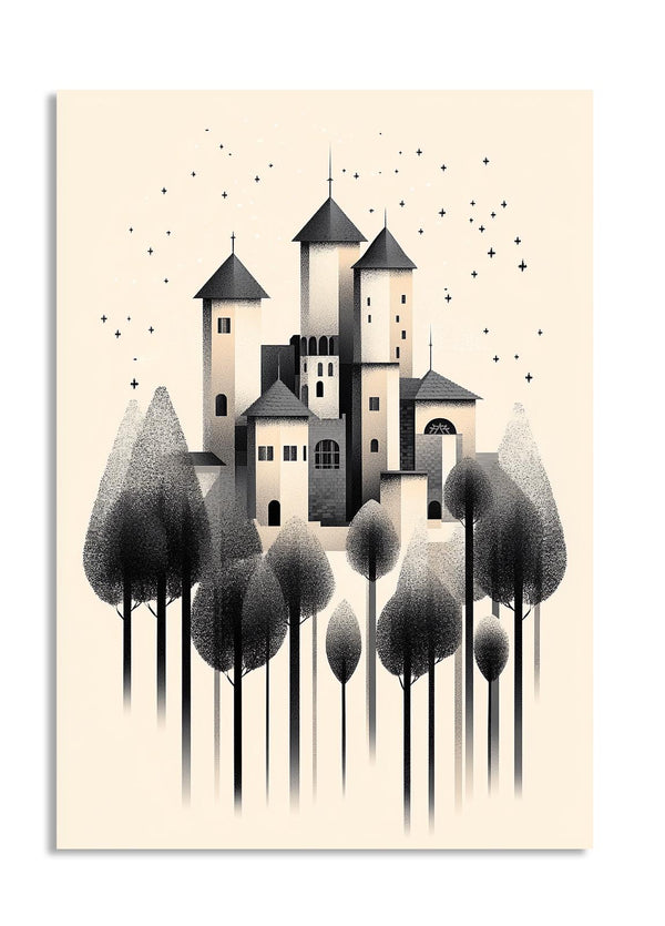 Artistic depiction of a castle surrounded by trees on a beige background, as a premium aluminum metal print from GoMetalPrint.
