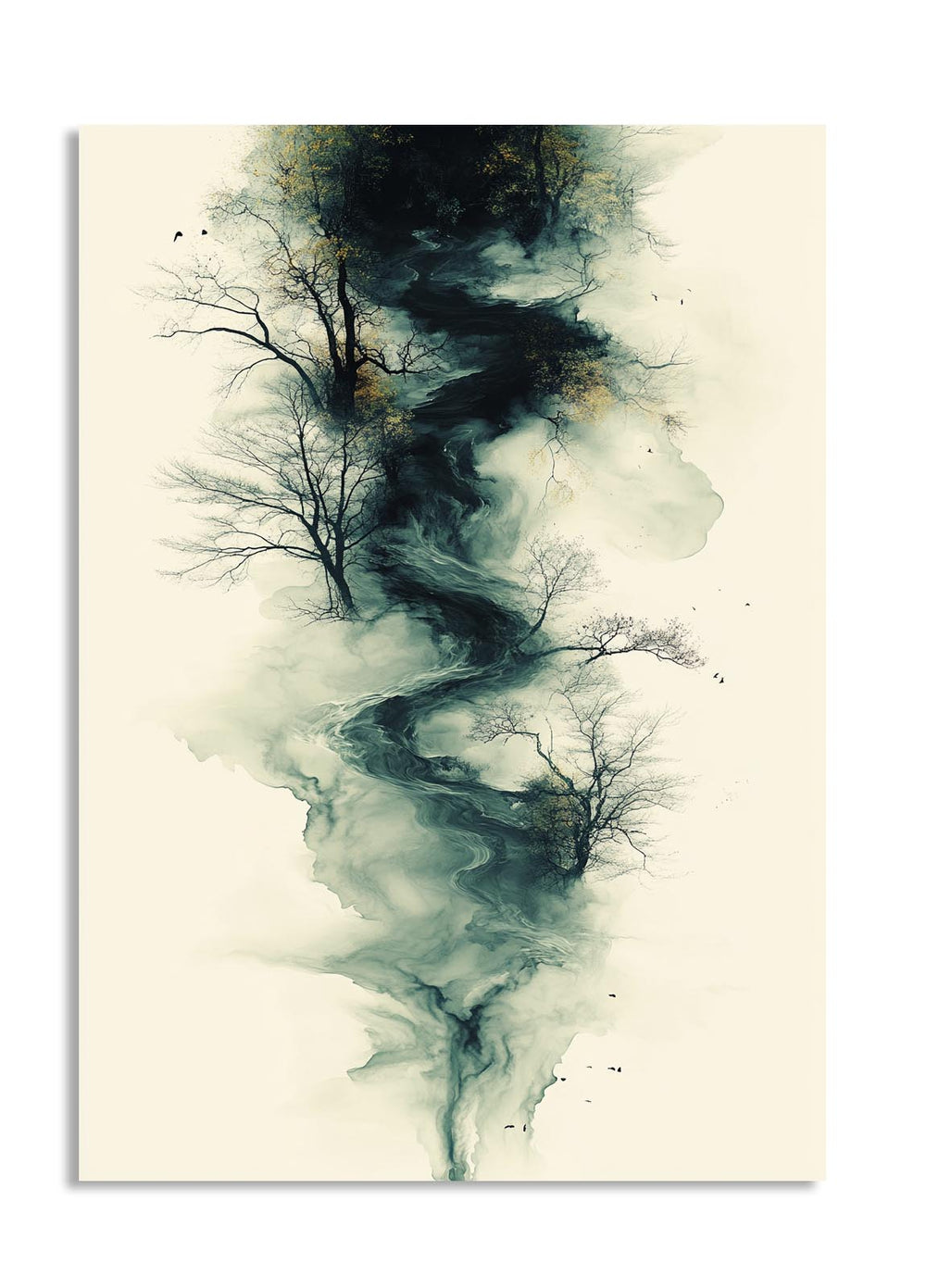 Artistic depiction of trees and swirling patterns on a beige background, as a premium aluminum metal print from GoMetalPrint.
