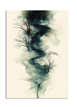 Artistic depiction of trees and swirling patterns on a beige background, as a premium aluminum metal print from GoMetalPrint.

