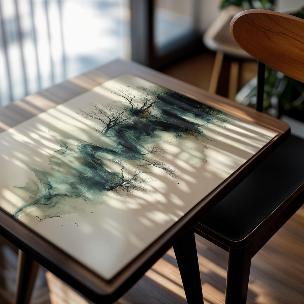 Artistic depiction of trees and swirling patterns on a beige background, as a premium aluminum metal print from GoMetalPrint.
