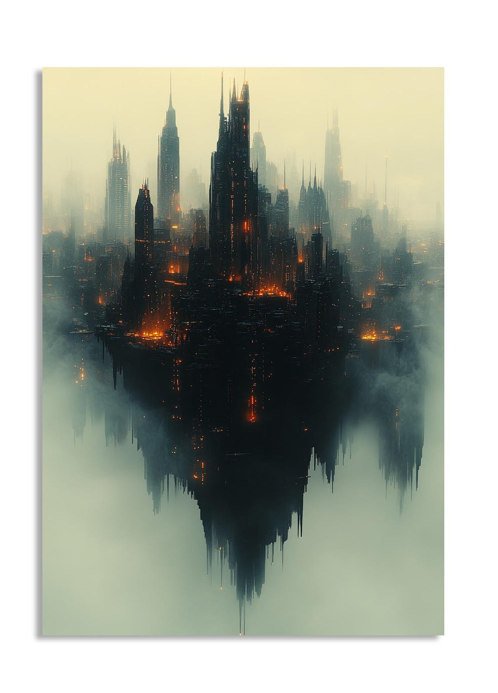 Futuristic cityscape with tall buildings and reflective water surface, as a premium aluminum metal print from GoMetalPrint.
