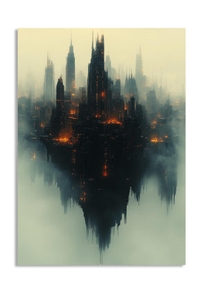 Futuristic cityscape with tall buildings and reflective water surface, as a premium aluminum metal print from GoMetalPrint.
