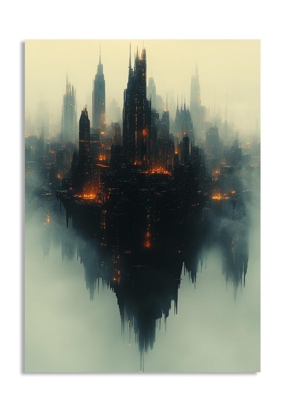 Futuristic cityscape with tall buildings and reflective water surface, as a premium aluminum metal print from GoMetalPrint.

