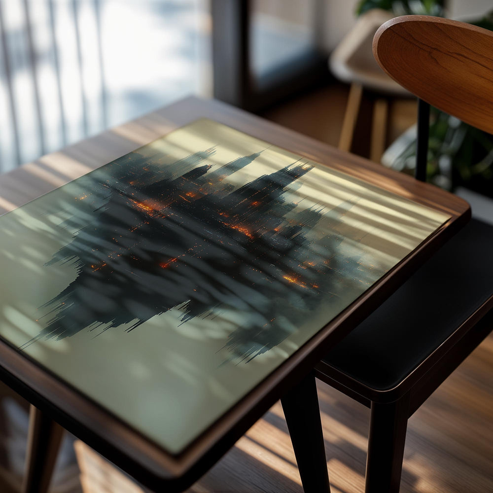 Futuristic cityscape with tall buildings and reflective water surface, as a premium aluminum metal print from GoMetalPrint.
