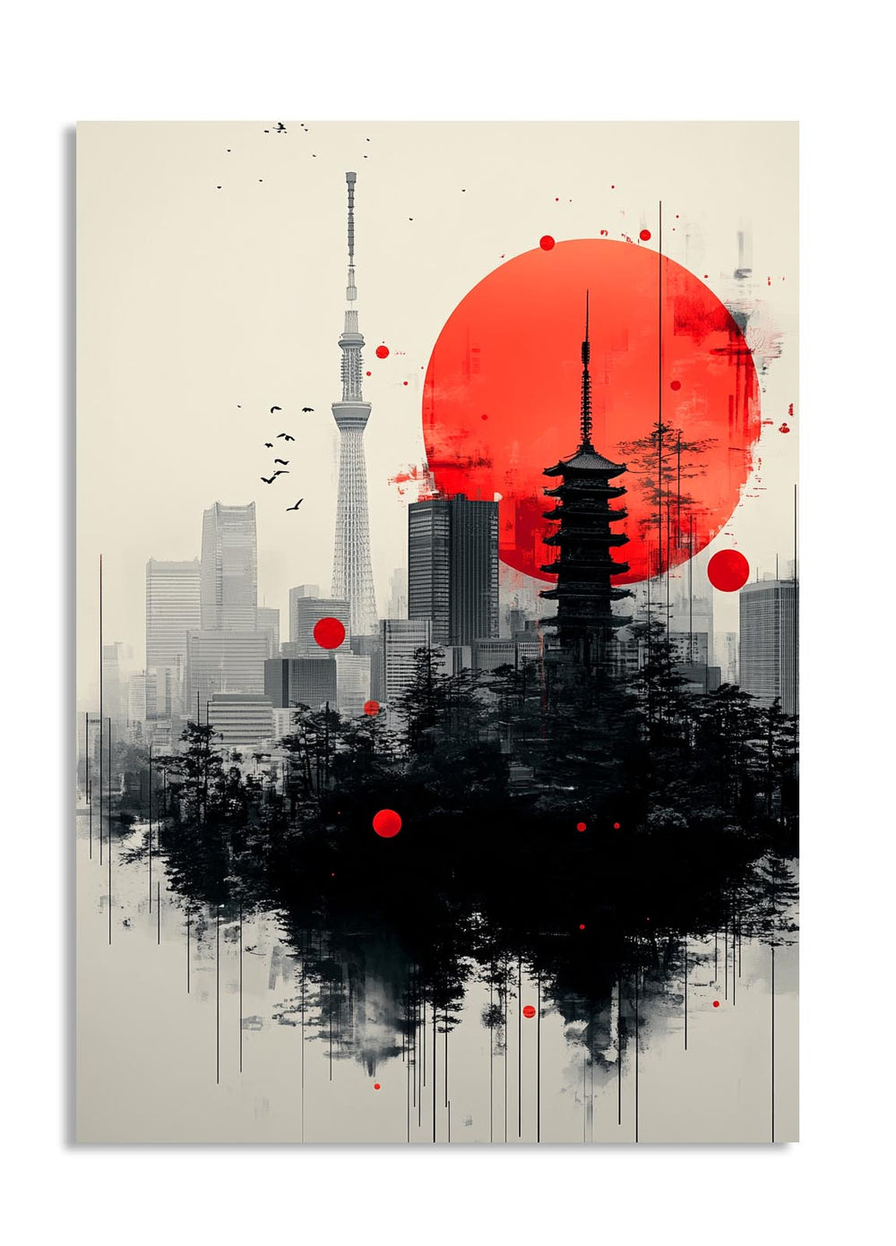 Artistic depiction of a city skyline with a red sun and black tree silhouette, as a premium aluminum metal print from GoMetalPrint.
