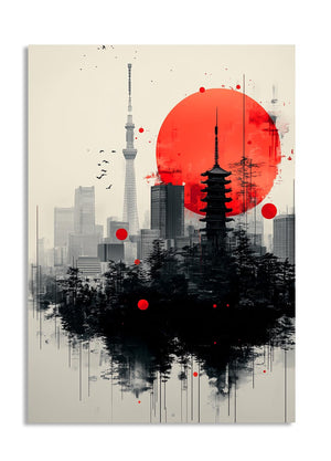 Artistic depiction of a city skyline with a red sun and black tree silhouette, as a premium aluminum metal print from GoMetalPrint.
