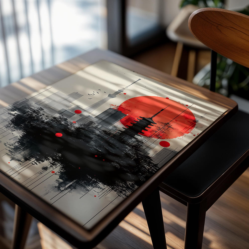 Artistic depiction of a city skyline with a red sun and black tree silhouette, as a premium aluminum metal print from GoMetalPrint.
