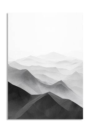 Abstract black and white mountain landscape on a white background, as a premium aluminum metal print from GoMetalPrint.
