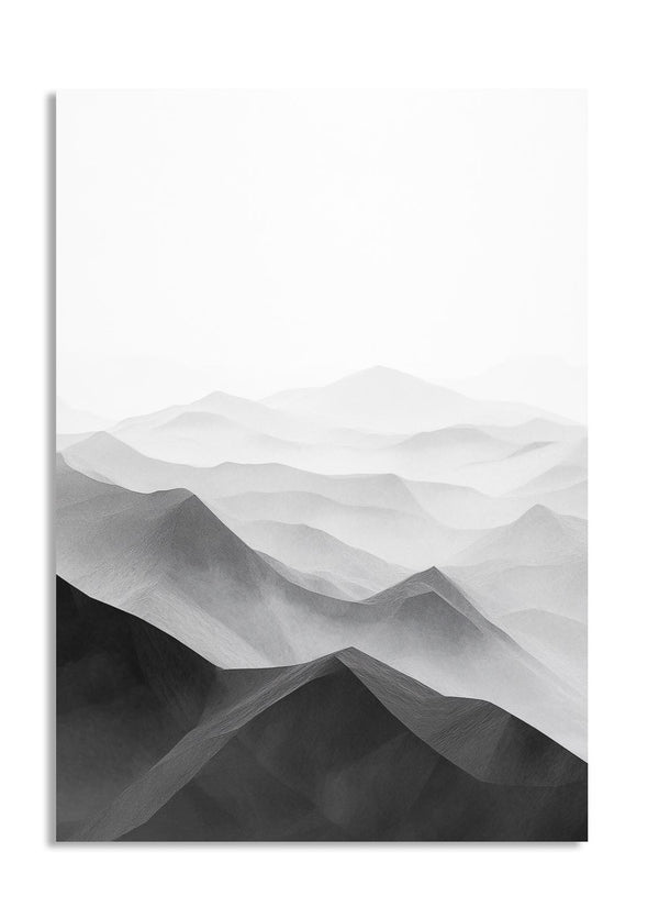 Abstract black and white mountain landscape on a white background, as a premium aluminum metal print from GoMetalPrint.

