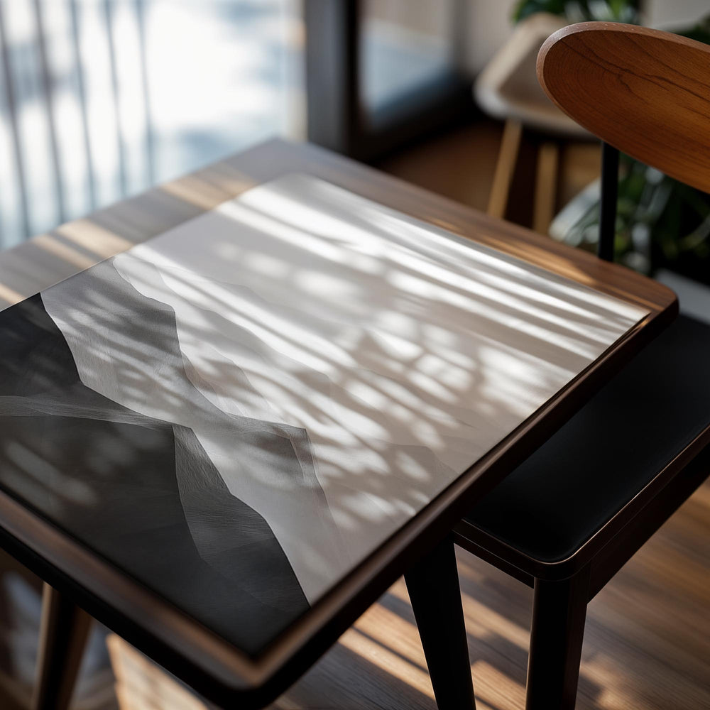 Abstract black and white mountain landscape on a white background, as a premium aluminum metal print from GoMetalPrint.
