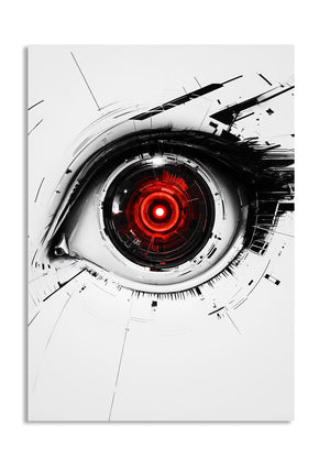 Digital artwork of a futuristic eye with red center on a white background, as a premium aluminum metal print from GoMetalPrint.
