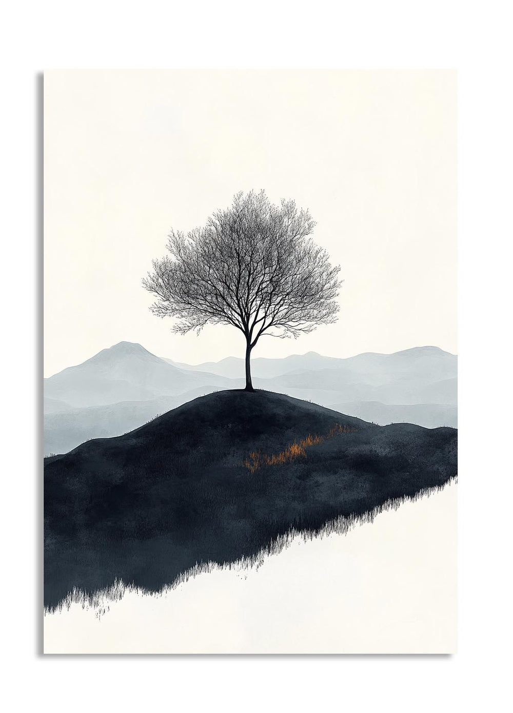 Surreal landscape with a tree on a hill and mountains in the background, as a premium aluminum metal print from GoMetalPrint.
