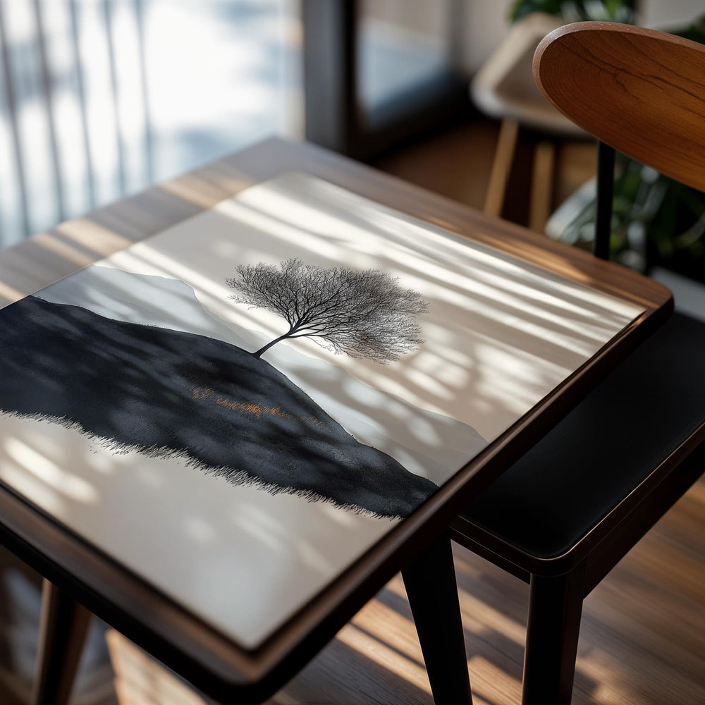 Surreal landscape with a tree on a hill and mountains in the background, as a premium aluminum metal print from GoMetalPrint.
