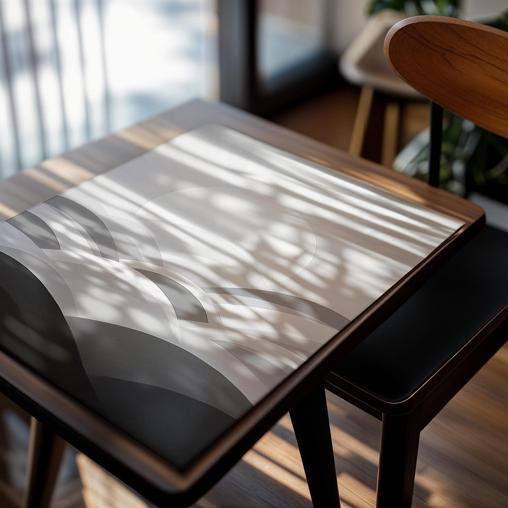 Abstract design with wavy lines in black, gray, and white on a white background, as a premium aluminum metal print from GoMetalPrint.
