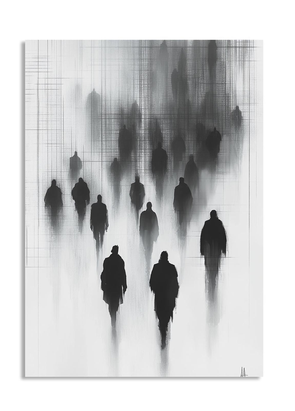 Black silhouettes of people against a white background with grid lines, as a premium aluminum metal print from GoMetalPrint.
