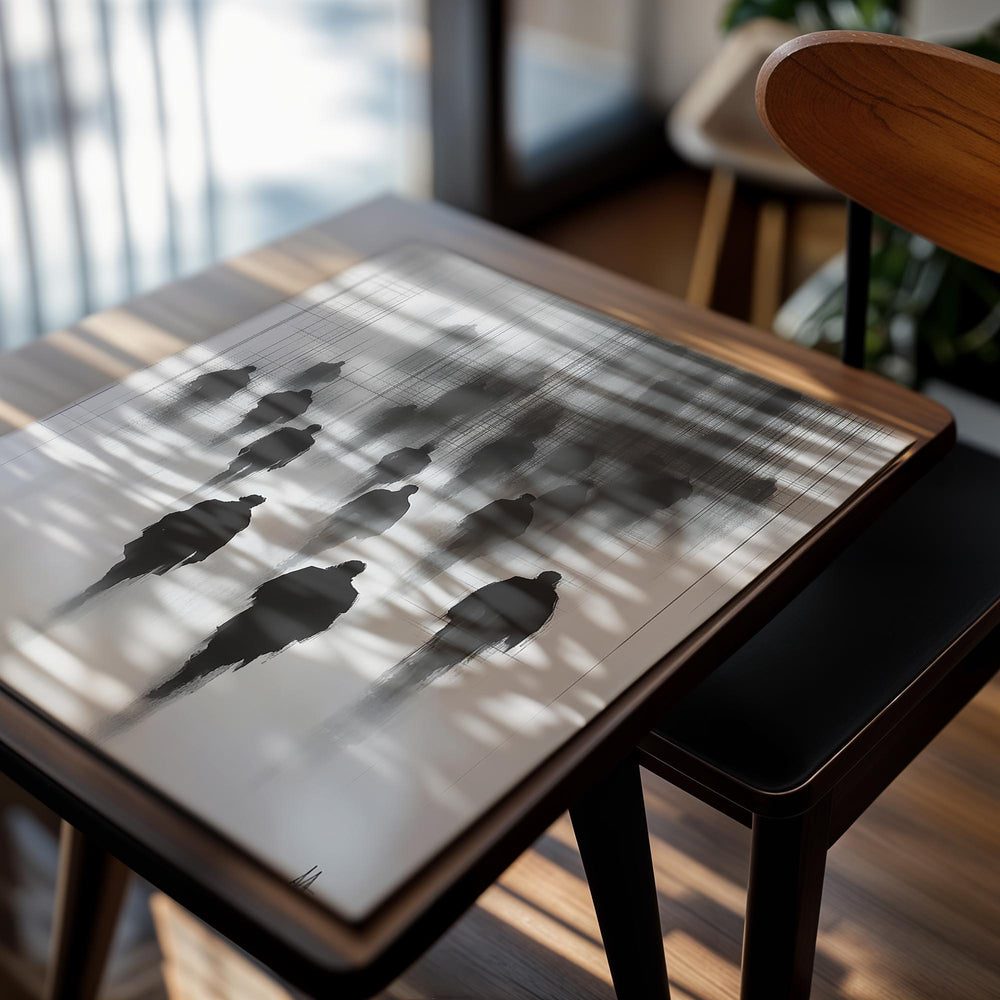 Black silhouettes of people against a white background with grid lines, as a premium aluminum metal print from GoMetalPrint.
