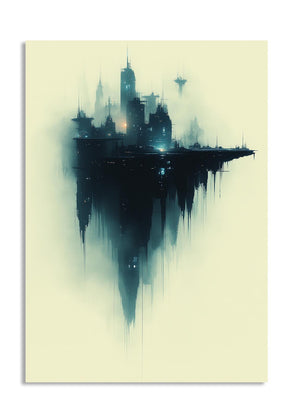 Futuristic cityscape with floating platform on a light yellow background, as a premium aluminum metal print from GoMetalPrint.
