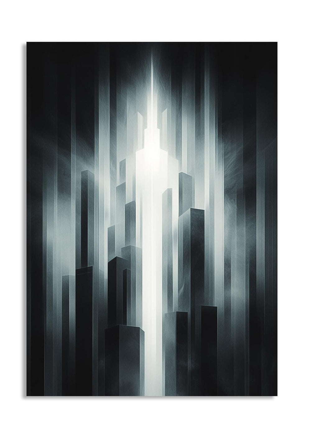 Futuristic cityscape with a bright light source in the center, as a premium aluminum metal print from GoMetalPrint.
