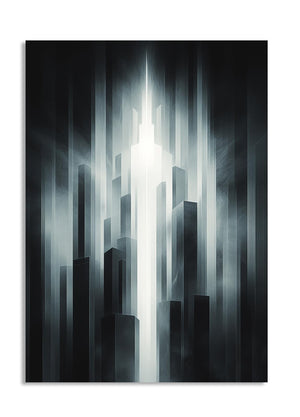 Futuristic cityscape with a bright light source in the center, as a premium aluminum metal print from GoMetalPrint.
