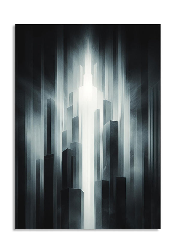 Futuristic cityscape with a bright light source in the center, as a premium aluminum metal print from GoMetalPrint.
