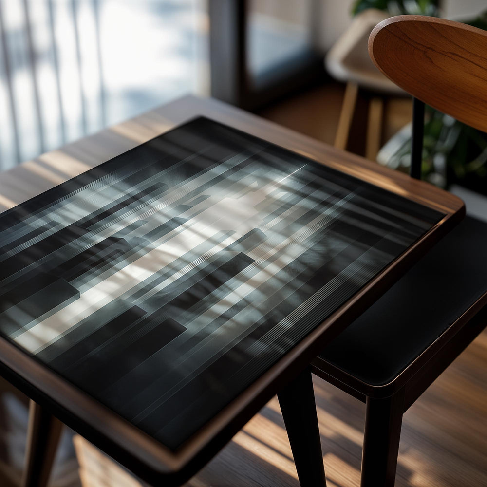 Futuristic cityscape with a bright light source in the center, as a premium aluminum metal print from GoMetalPrint.
