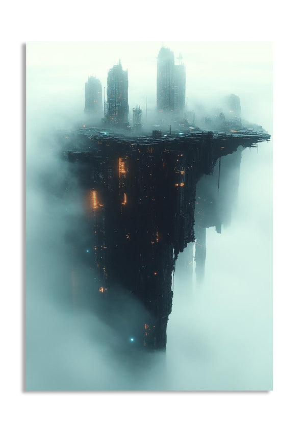Futuristic cityscape with a large floating platform in a foggy atmosphere, as a premium aluminum metal print from GoMetalPrint.
