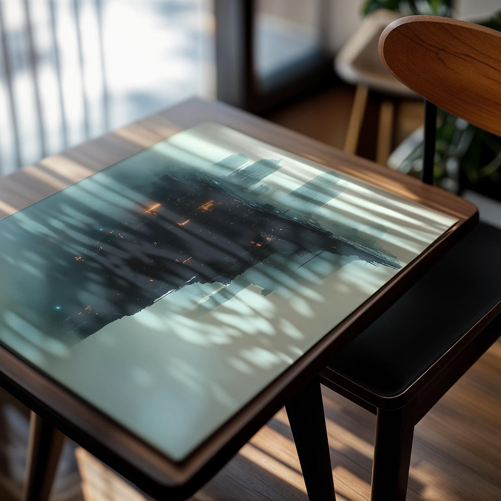 Futuristic cityscape with a large floating platform in a foggy atmosphere, as a premium aluminum metal print from GoMetalPrint.
